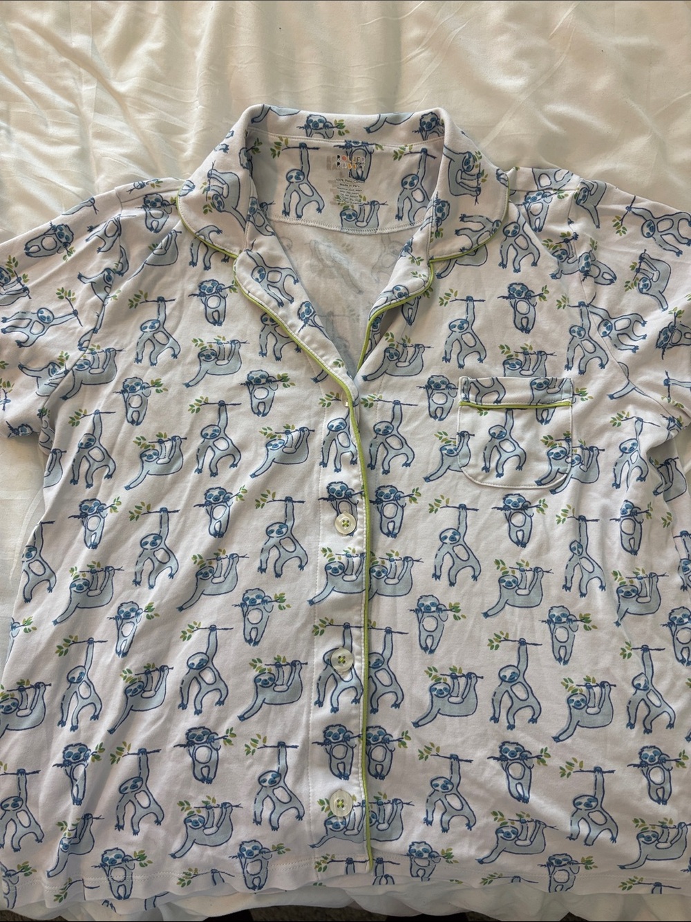 Roller Rabbit White Blue Sloth Print Pajama Top with Green Trim
